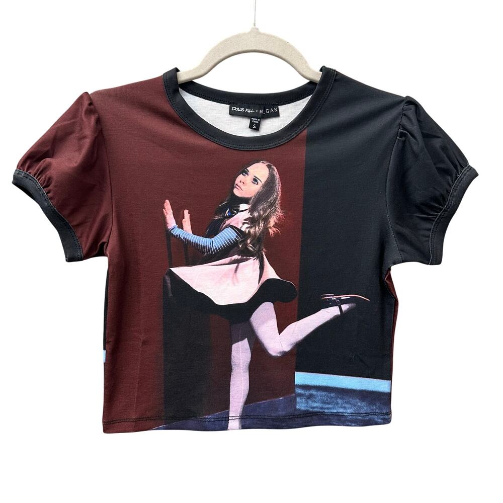Dolls Kill Megan Small Puff Sleeve Contrast Graphic Mirco Cropped Tee Camp Goth